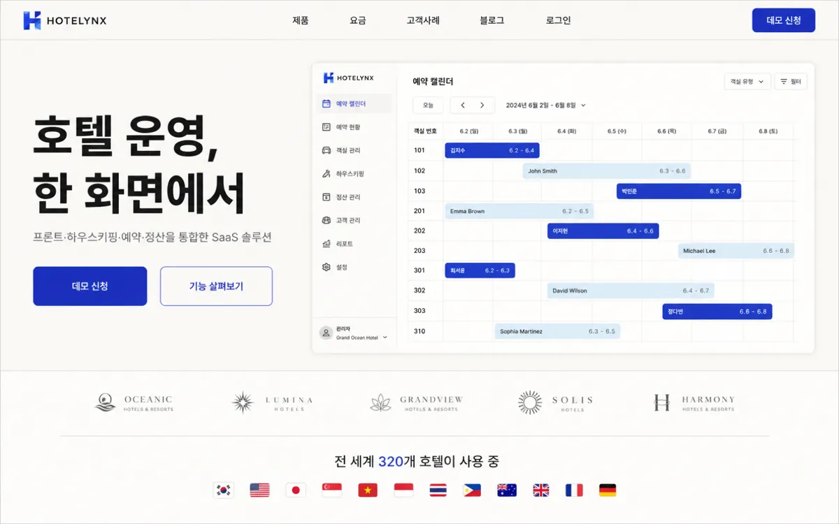 호텔 운영 솔루션 회사 — 공식 사이트 화면 미리보기 (샘플 시나리오)
